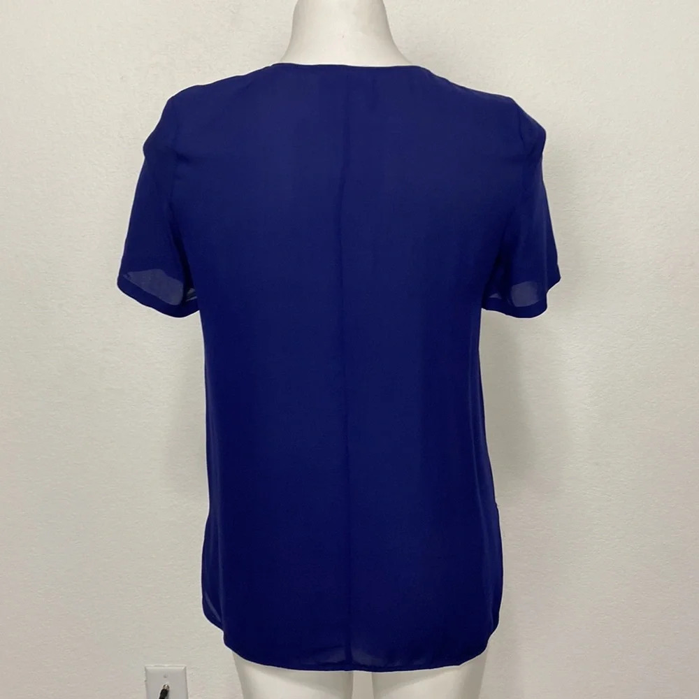 The Kooples Blue 100% Silk Preppy V-Neck Short Sleeve Coastal Blouse Size M - Picture 5 of 9